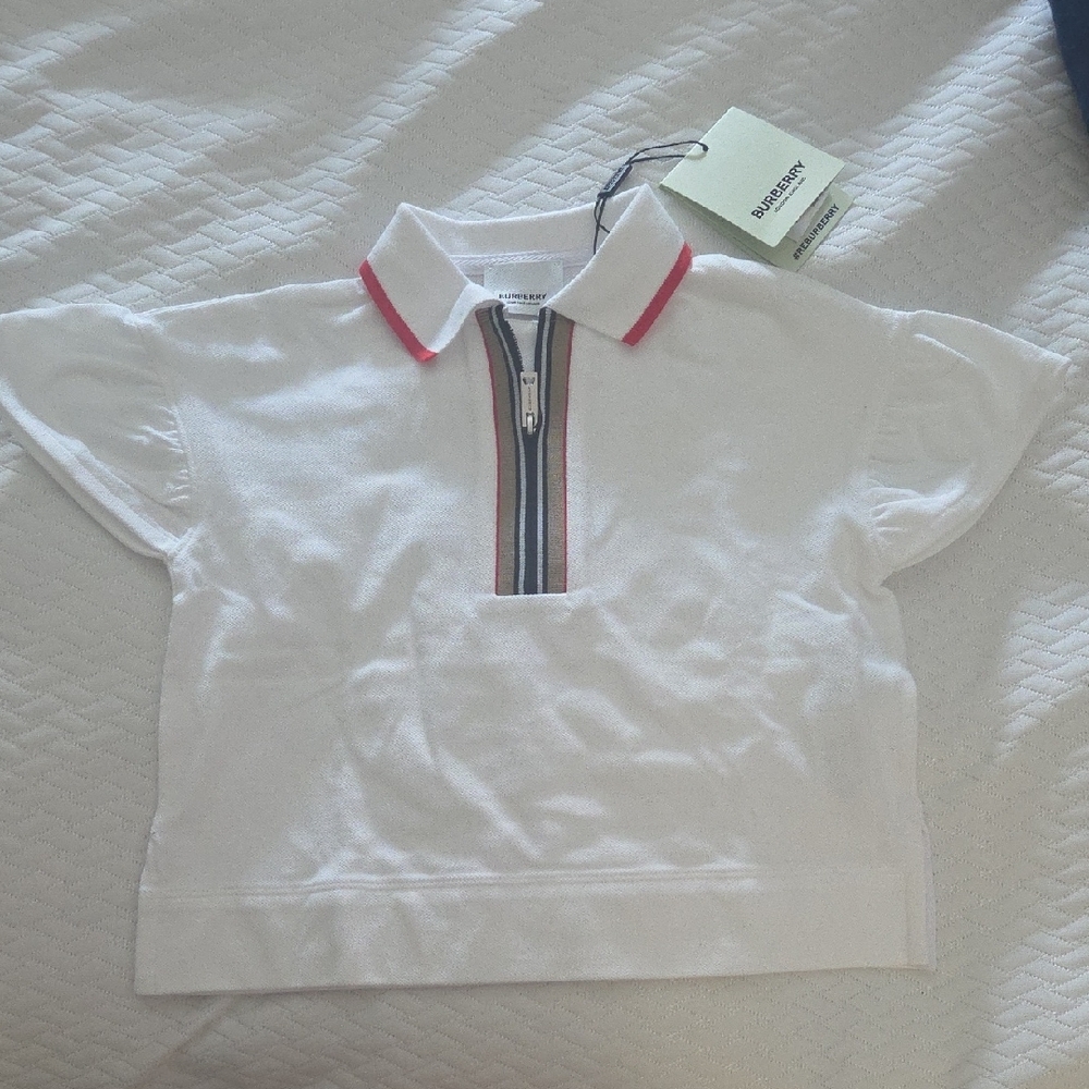 Burberry Kids White Polo Shirt with Red Trim